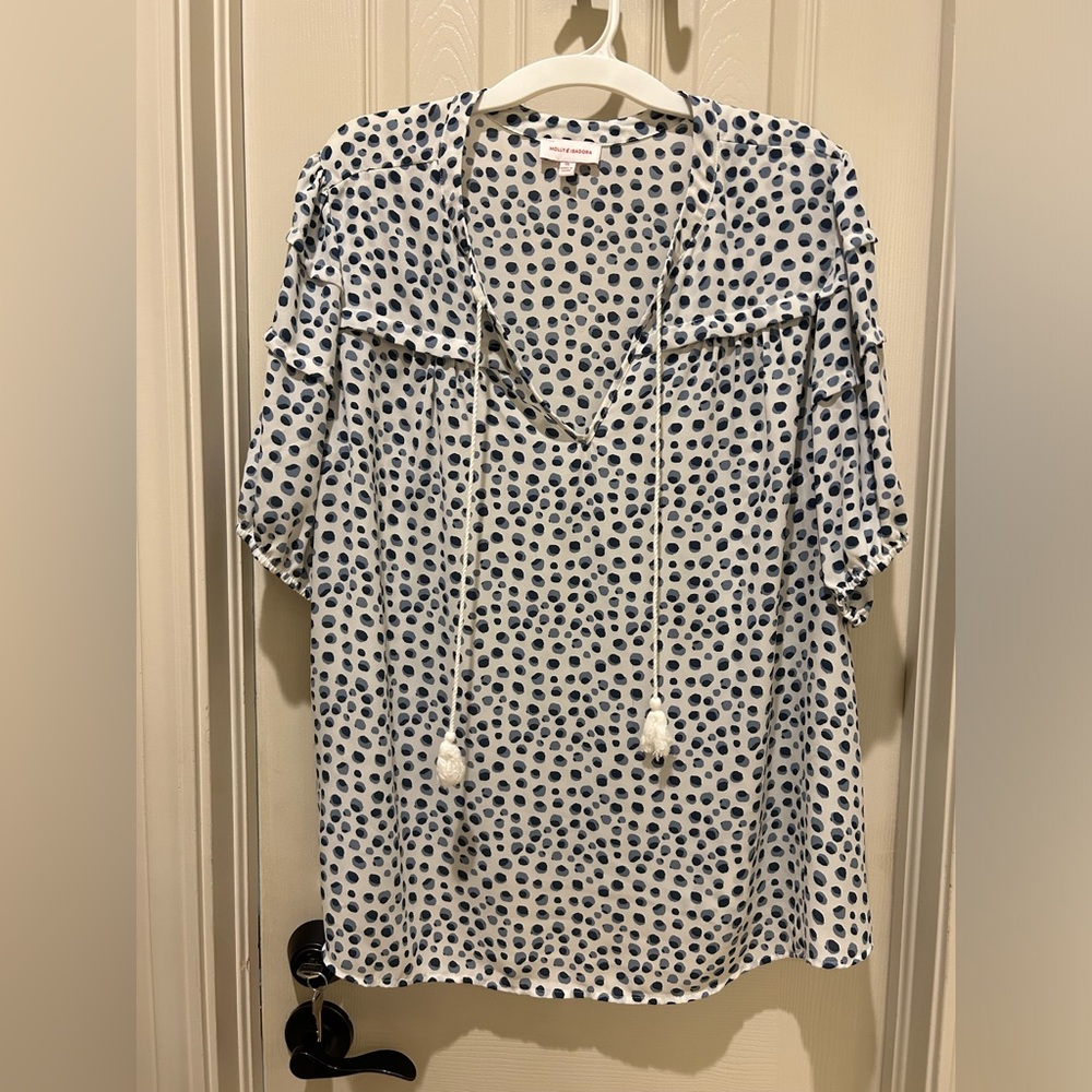 Molly and Isadora White with Blue Polka Dot Women's Blouse 1X